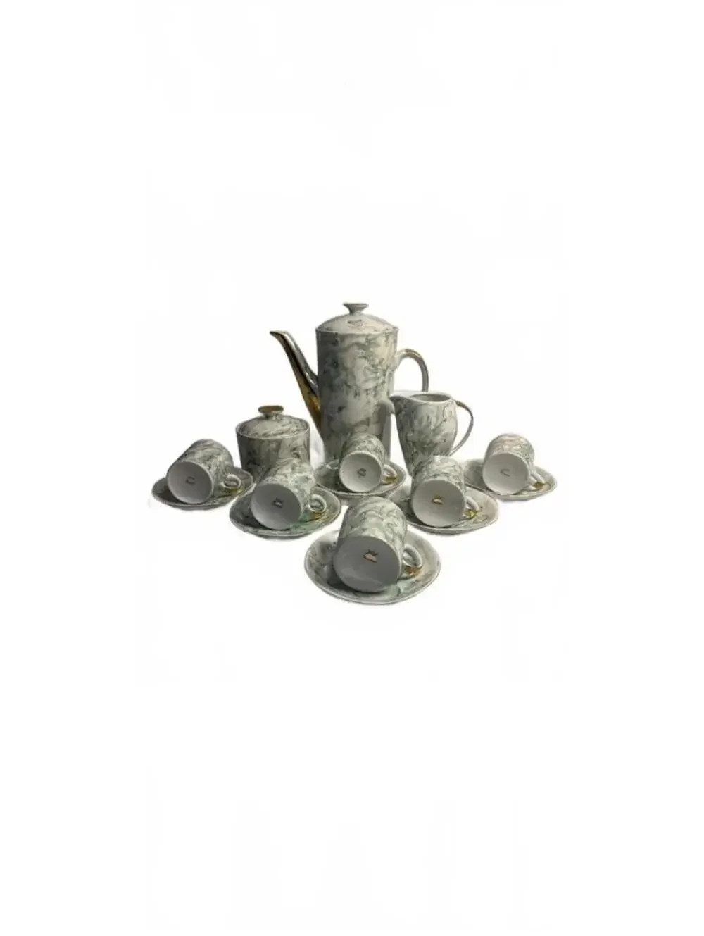 Vintage Wawel Poland Gold Taupe Beige Marble China Tea Set